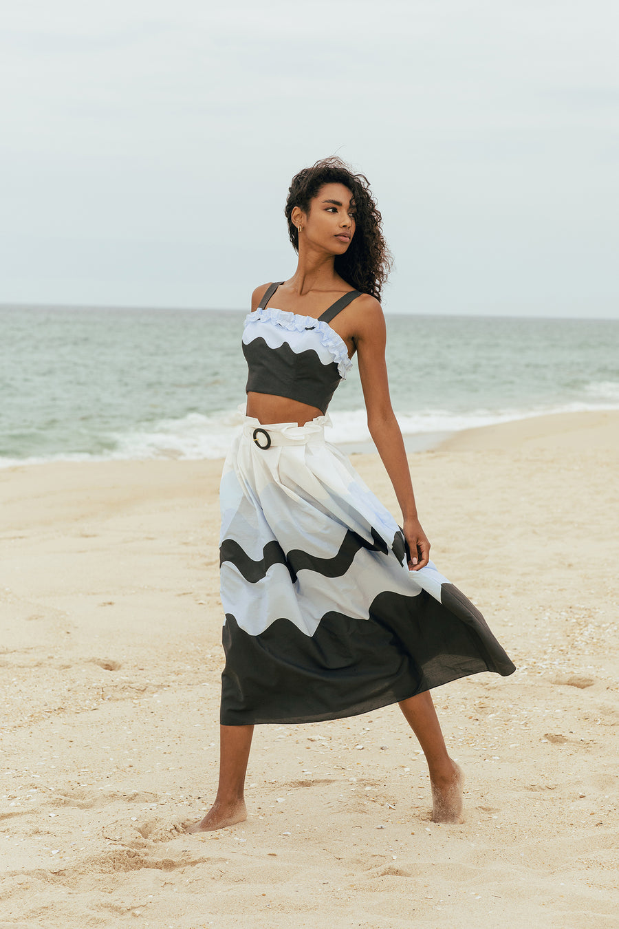 Waves Print Cotton Midi Skirt