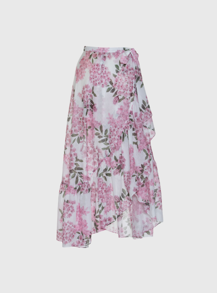 Pink Hydrangeas Print Midi Skirt