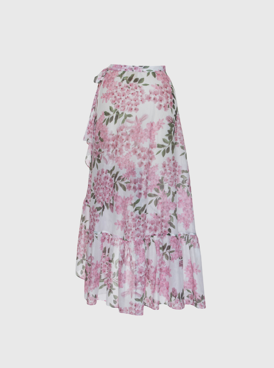 Pink Hydrangeas Print Midi Skirt