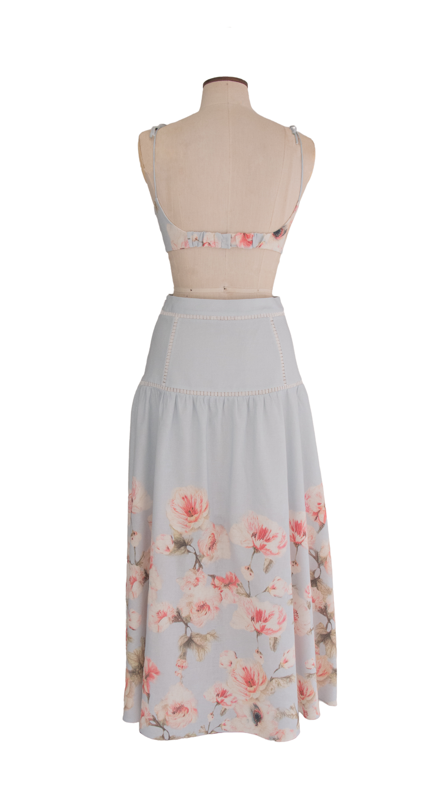 Blue Flower Print Linen Skirt