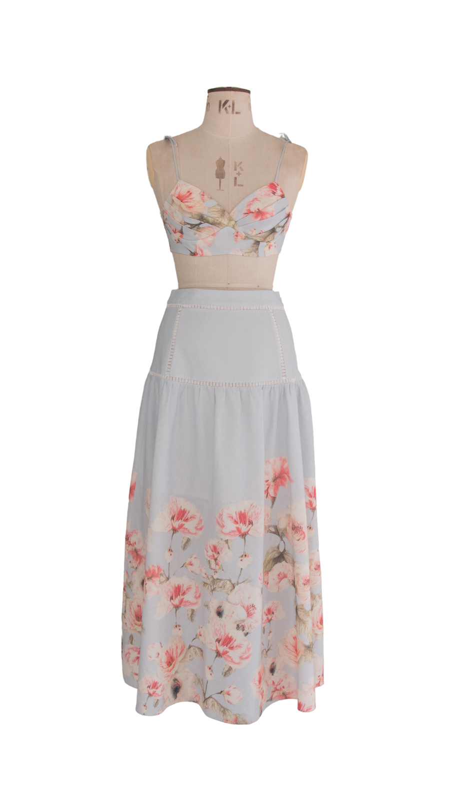 Blue Flower Print Linen Skirt